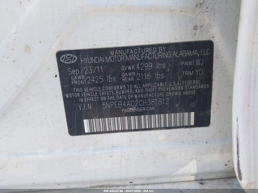 2012 Hyundai Sonata 2.4 Gls white Lot 111045020746 Vin 5NPEB4AC2CH381812