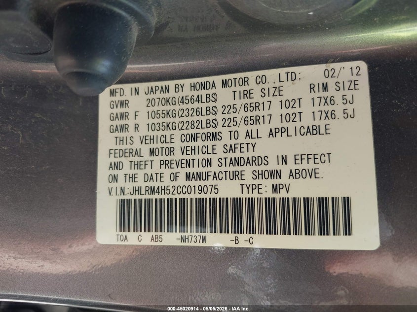 2012 HONDA CR-V SPORT UTILITY VEHICLE 2.4L I-4 DOHC, VVT, 185HP