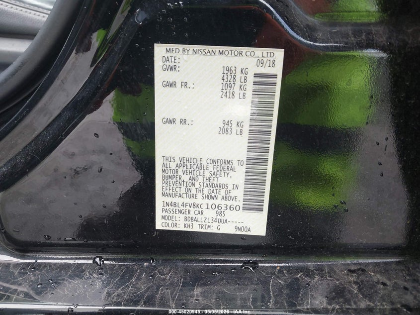 VIN 1N4BL4FV8KC106360 2019 NISSAN ALTIMA 2.5 PLATINUM