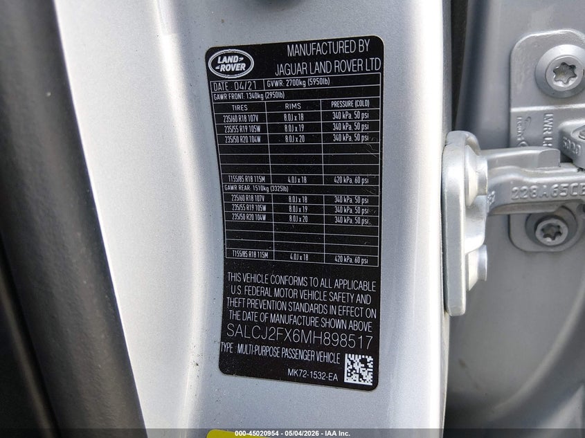 2021 Land Rover Discovery Sport S VIN: SALCJ2FX6MH898517 Lot: 45020954