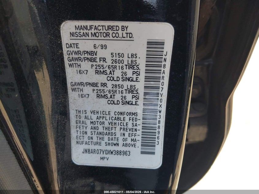 1999 Nissan Pathfinder Le/Se/Xe VIN: JN8AR07Y0XW388963 Lot: 45021011