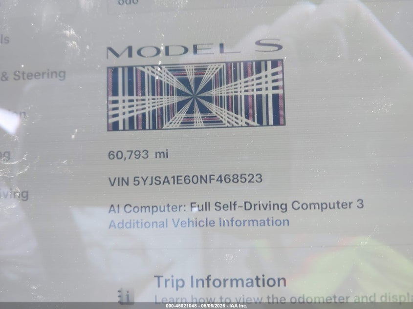 2022 Tesla Model S Plaid Tri Motor All-Wheel Drive VIN: 5YJSA1E60NF468523 Lot: 45021048