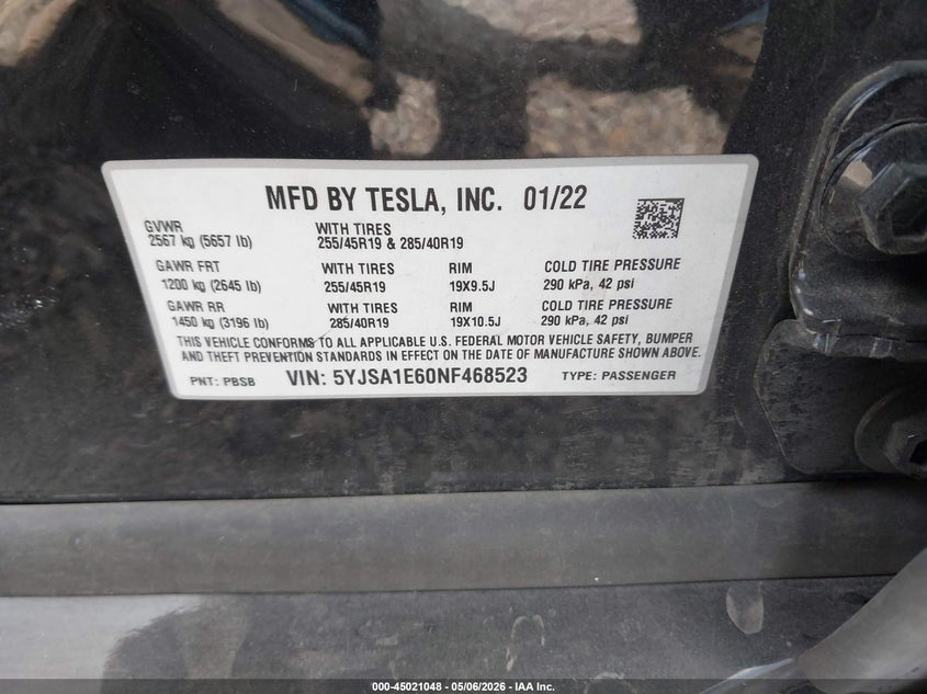 2022 Tesla Model S Plaid Tri Motor All-Wheel Drive VIN: 5YJSA1E60NF468523 Lot: 45021048