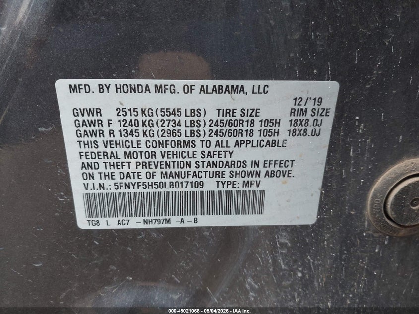 2020 HONDA PILOT SPORT UTILITY VEHICLE 3.5L V-6 DI, VVT, 280HP