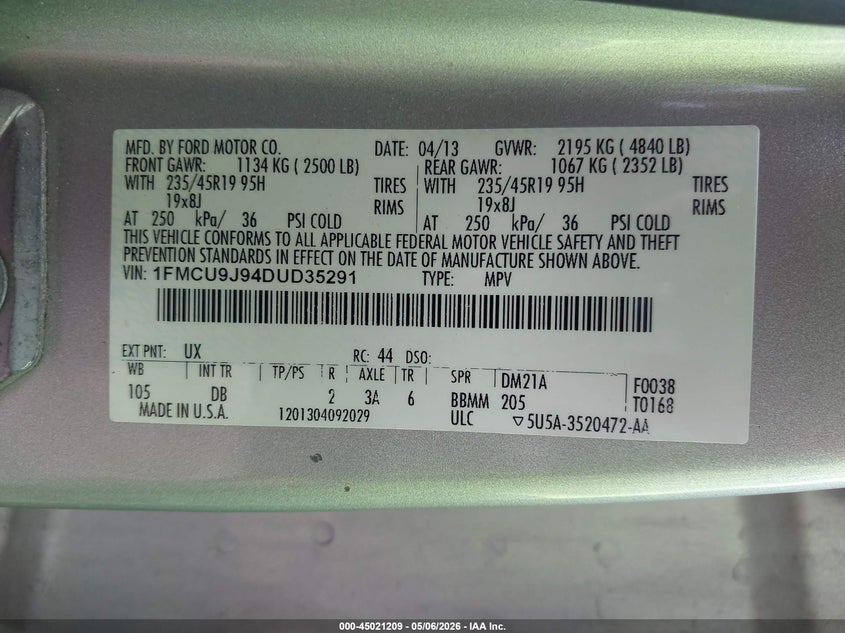 FORD ESCAPE 2013 VIN 1FMCU9J94DUD35291