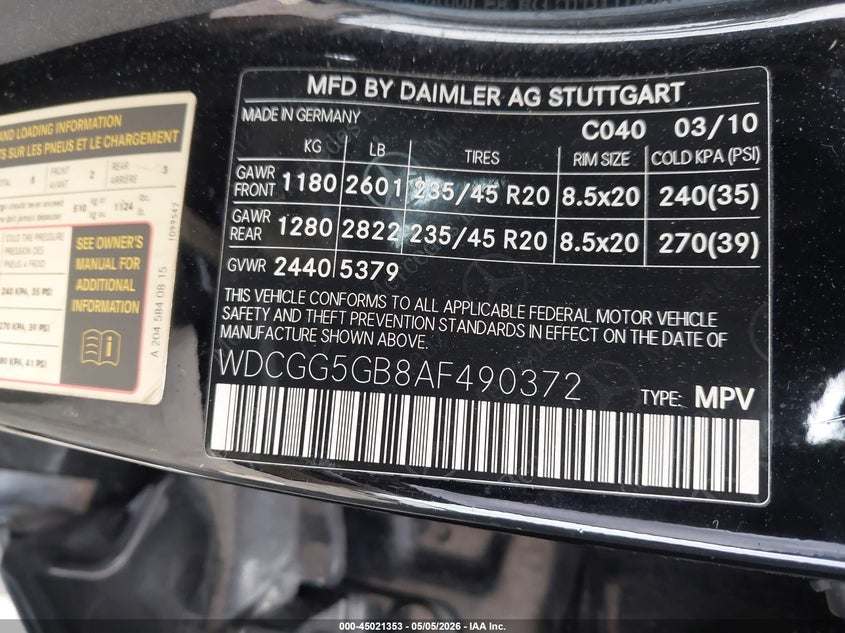 2010 Mercedes-Benz Glk 350 VIN: WDCGG5GB8AF490372 Lot: 45021353