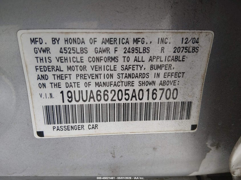 2005 Acura Tl VIN: 19UUA66205A016700 Lot: 45021461