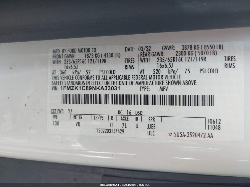 FORD TRANSIT-150 PASSENGER VAN 2022 VIN 1FMZK1C89NKA33031