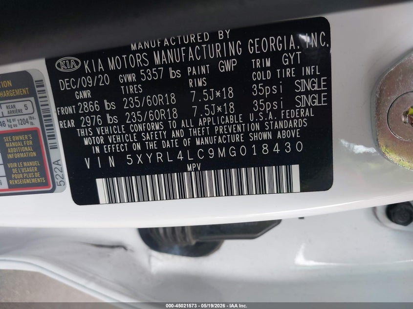 VIN 5XYRL4LC9MG018430 2021 KIA SORENTO S