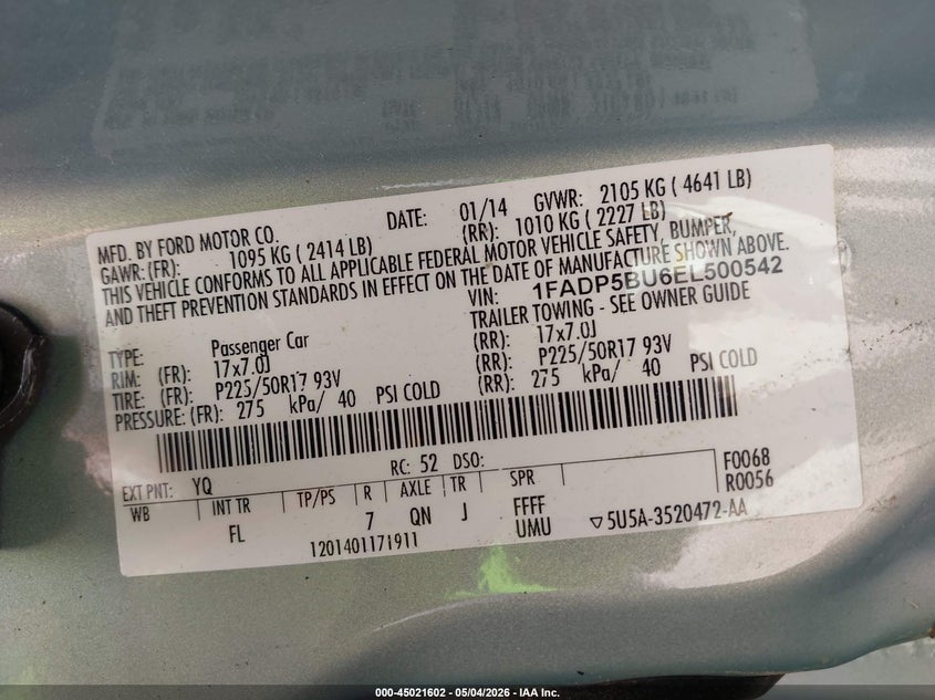 2014 Ford C-Max Hybrid Sel VIN: 1FADP5BU6EL500542 Lot: 45021602