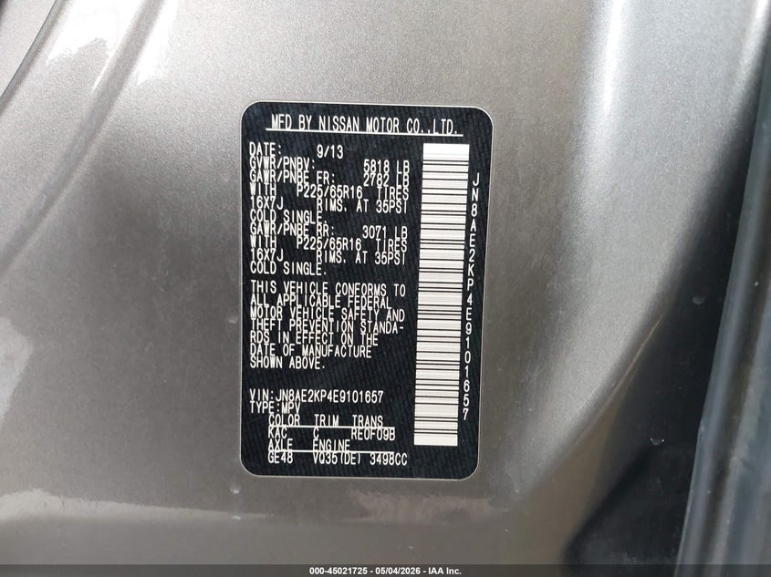 2014 Nissan Quest Sv VIN: JN8AE2KP4E9101657 Lot: 45021725