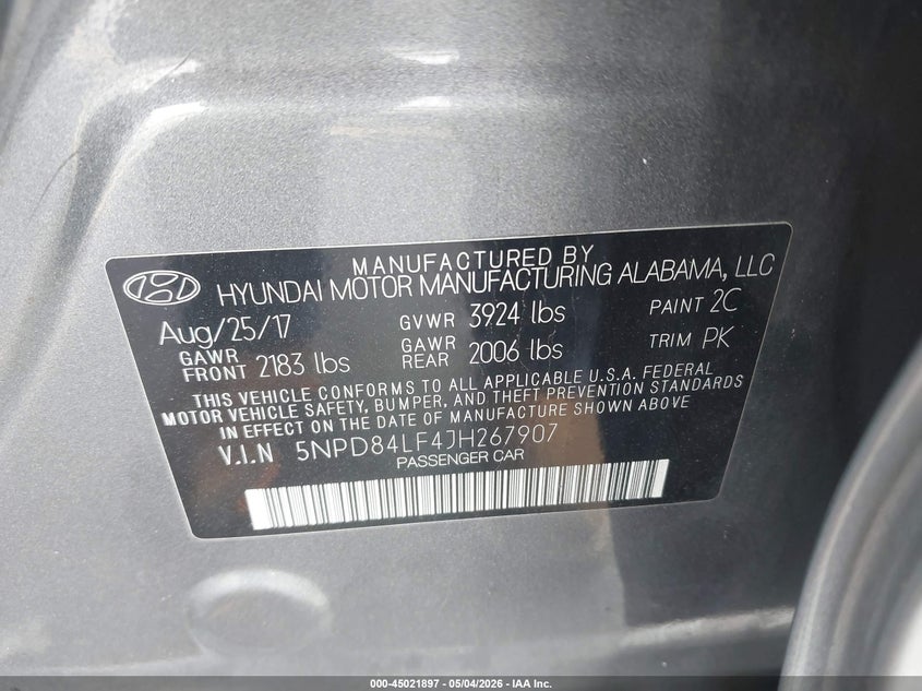 VIN 5NPD84LF4JH267907 2018 HYUNDAI ELANTRA SEL