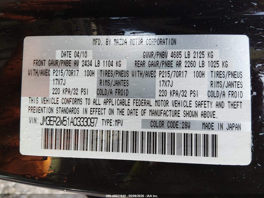 2010 Mazda Cx-7 I Sport VIN: JM3ER2W51A0333097 Lot: 45021940