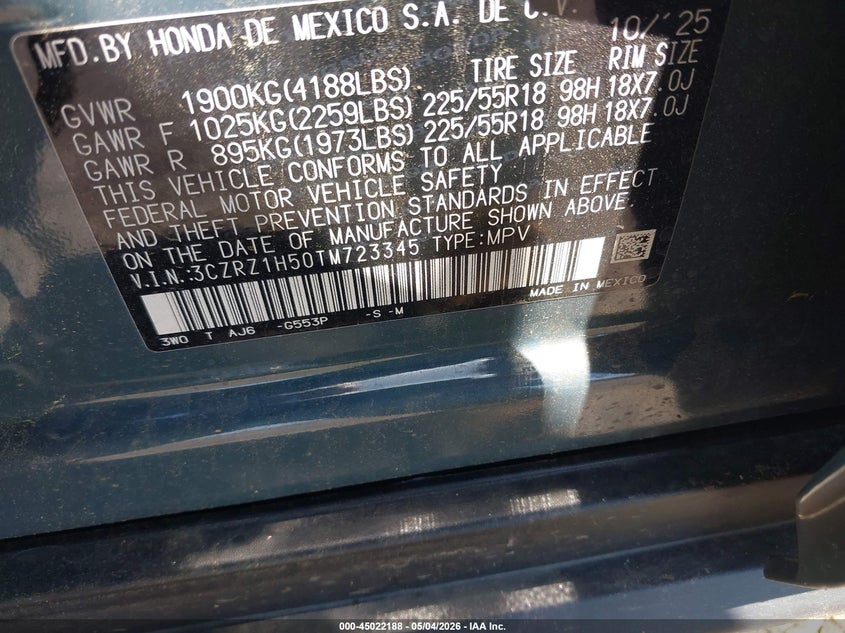 VIN 3CZRZ1H50TM723345 2026 HONDA HR-V 2WD SPORT
