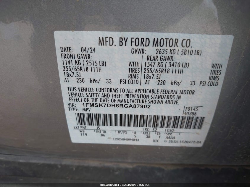VIN 1FMSK7DH6RGA87902 2024 FORD EXPLORER XLT
