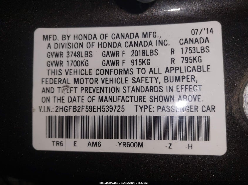 2014 HONDA CIVIC SEDAN 1.8L I-4 VVT, 143HP