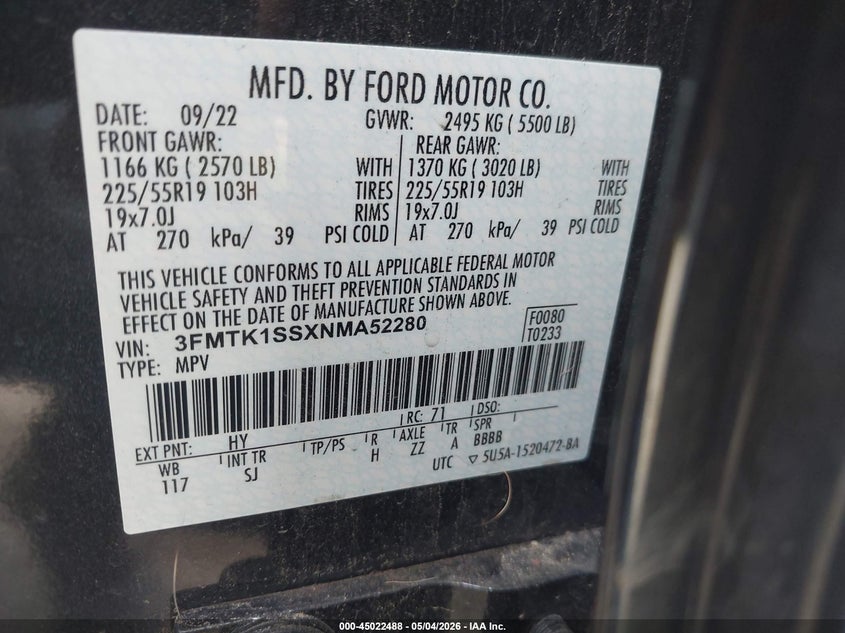 VIN 3FMTK1SSXNMA52280 2022 FORD MUSTANG MACH-E SELECT