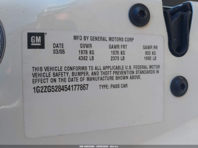 2005 Pontiac G6 VIN: 1G2ZG528454177867 Lot: 45022490