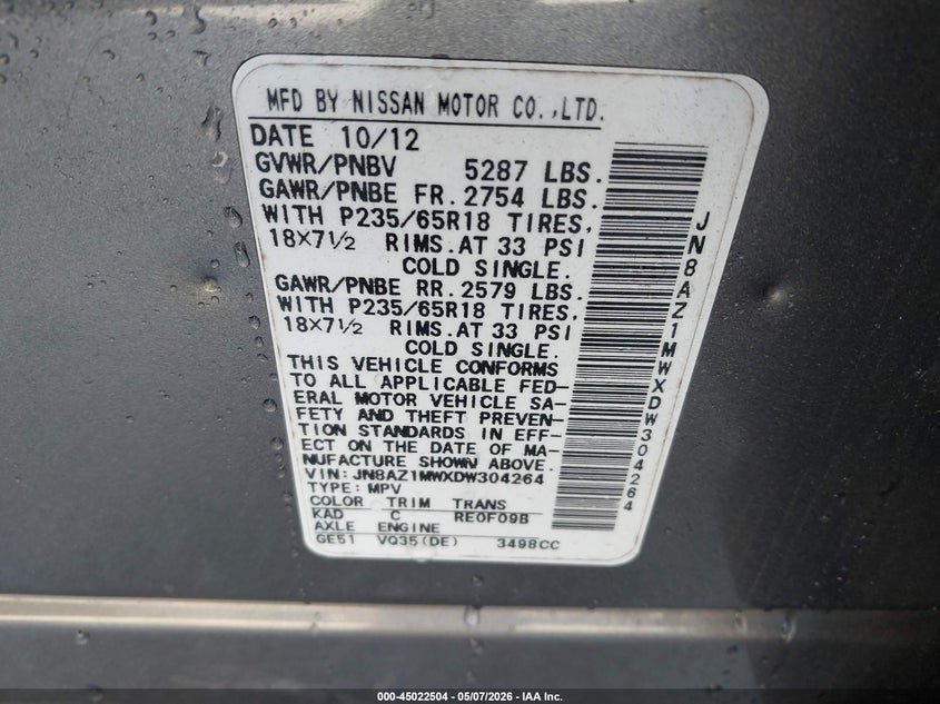 2013 Nissan Murano S VIN: JN8AZ1MWXDW304264 Lot: 45022504