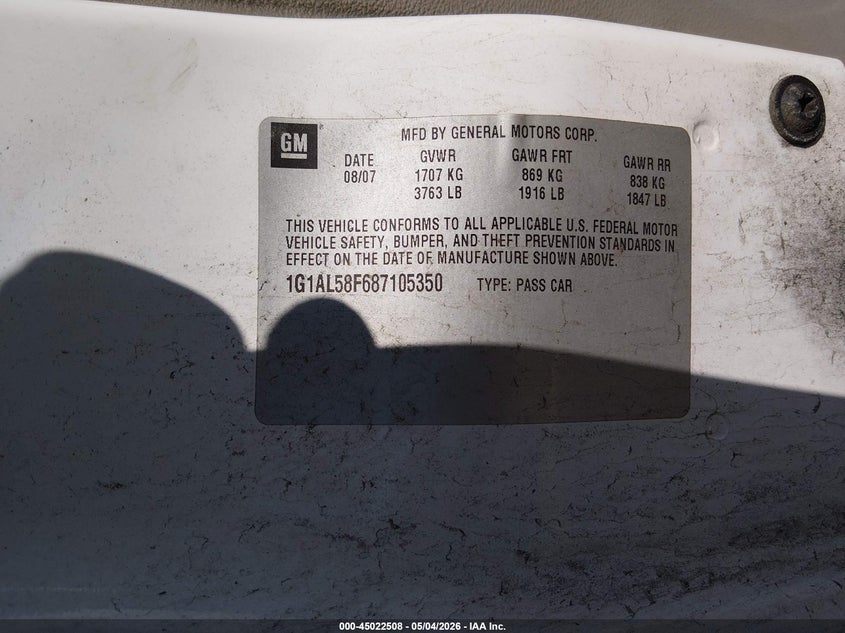2008 Chevrolet Cobalt Lt VIN: 1G1AL58F687105350 Lot: 45022508