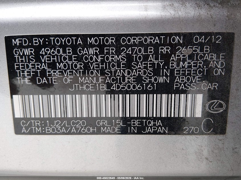 2013 Lexus Gs 350 VIN: JTHCE1BL4D5006161 Lot: 45022649