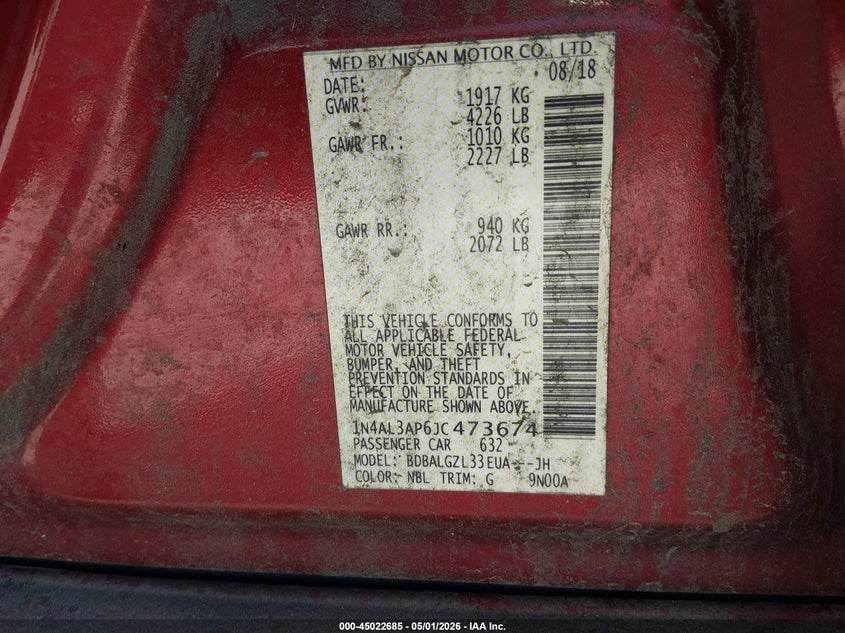 VIN 1N4AL3AP6JC473674 2018 NISSAN ALTIMA 2.5 S