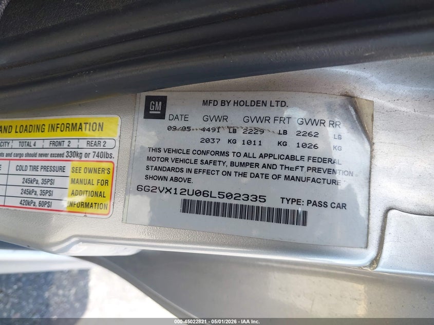 2006 Pontiac Gto VIN: 6G2VX12U06L502335 Lot: 45022821