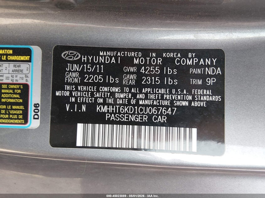 2012 Hyundai Genesis 2.0T VIN: KMHHT6KD1CU067647 Lot: 45023089