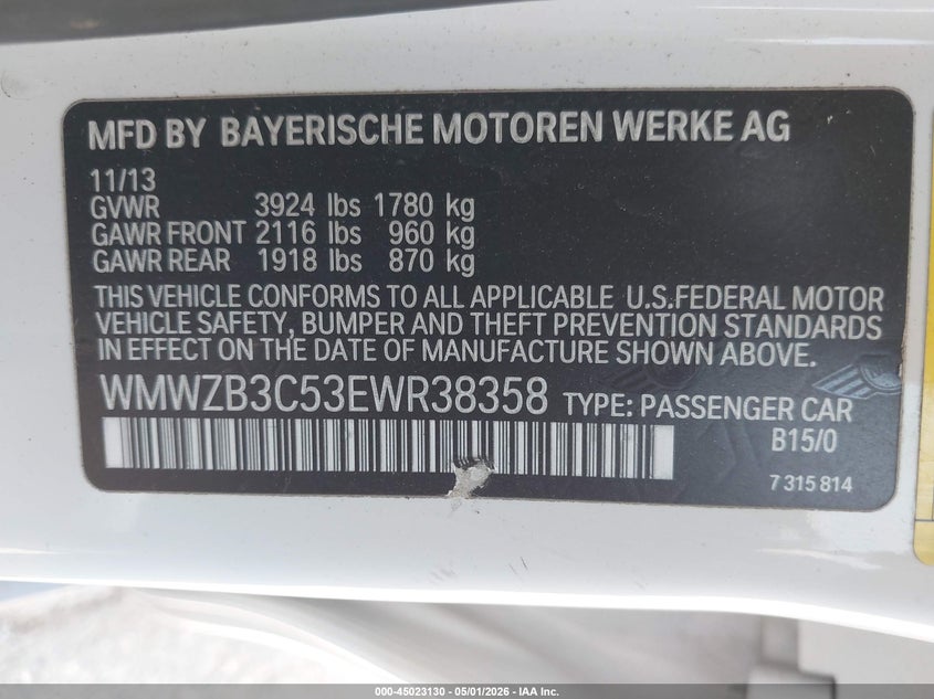 2014 Mini Countryman Cooper VIN: WMWZB3C53EWR38358 Lot: 45023130