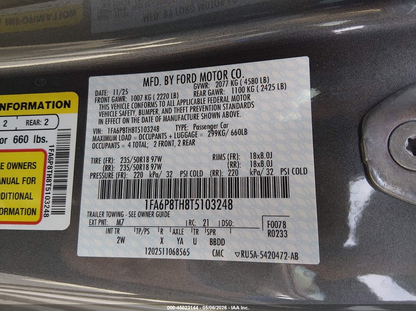 2026 FORD MUSTANG COUPE 2.3L I-4 DI, DOHC, VVT, TURBO, 315HP