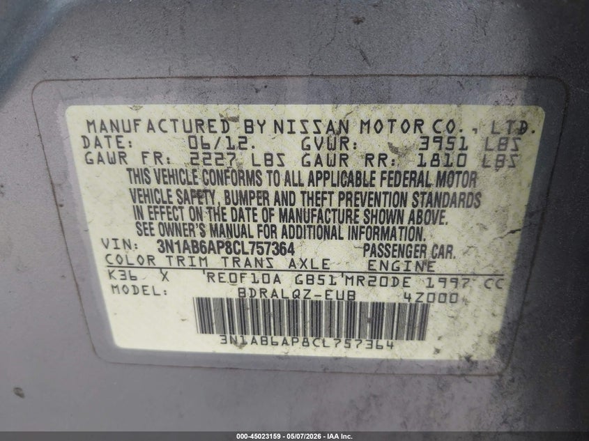 2012 Nissan Sentra 2.0 grey Lot 111045023159 Vin 3N1AB6AP8CL757364