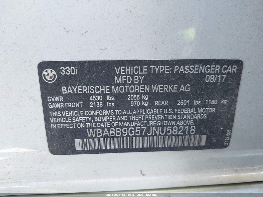 2018 BMW 3ER SEDAN 2.0L I-4 DI, DOHC, VVT, TURBO, 248HP