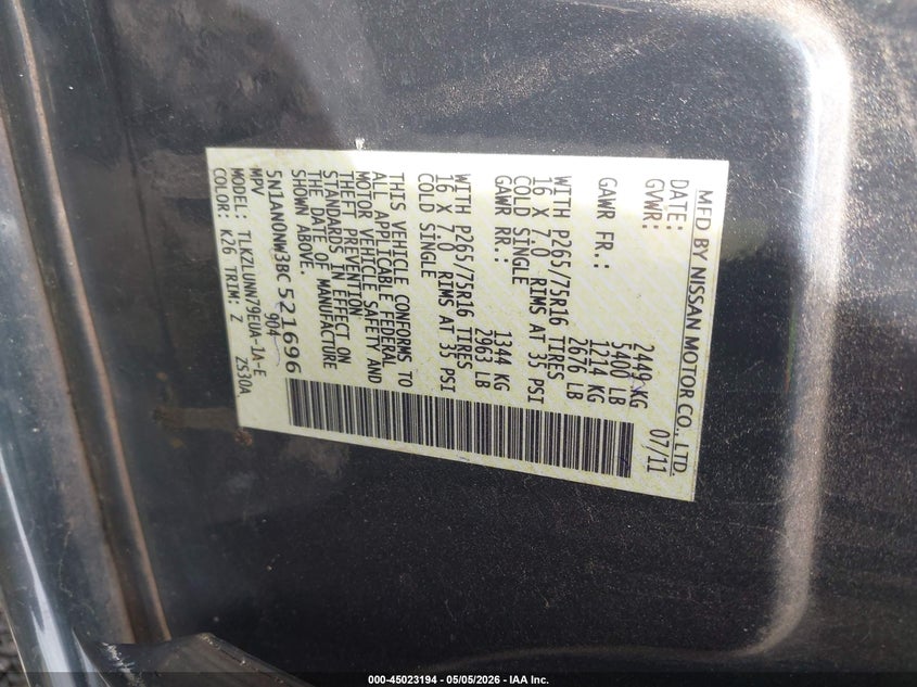 2011 Nissan Xterra Pro-4X VIN: 5N1AN0NW3BC521696 Lot: 45023194