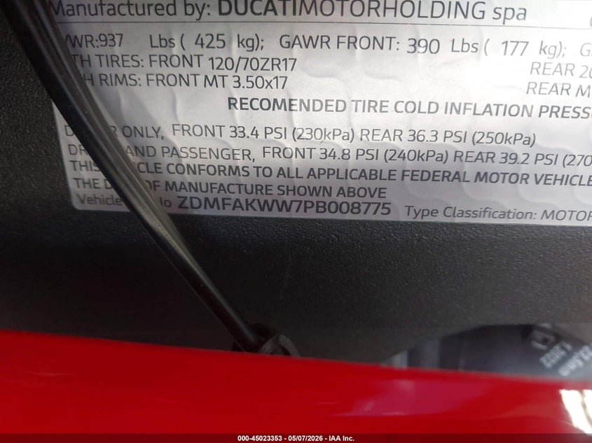 2023 Ducati Streetfighter V4/V4S VIN: ZDMFAKWW7PB008775 Lot: 45023353