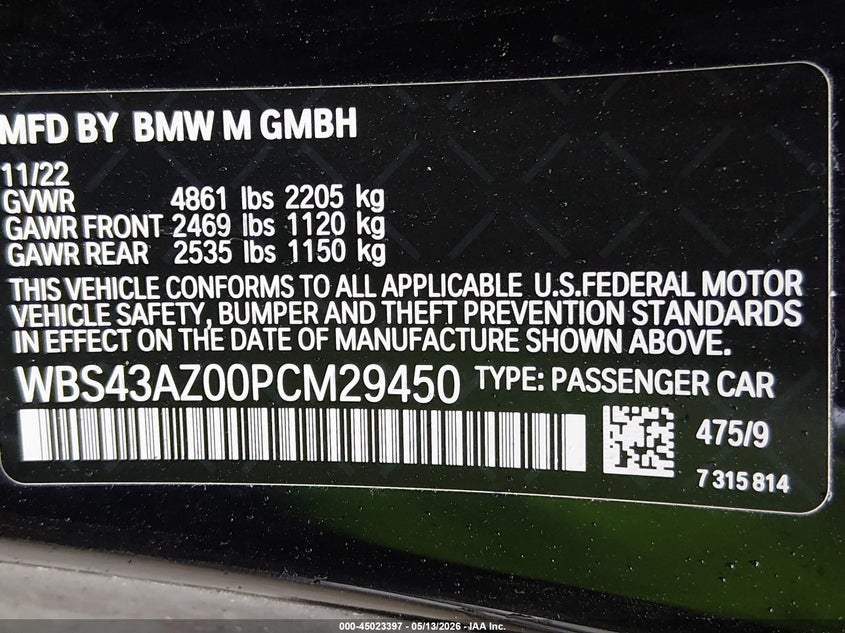 2023 BMW M4 Competition xDrive VIN: WBS43AZ00PCM29450 Lot: 45023397
