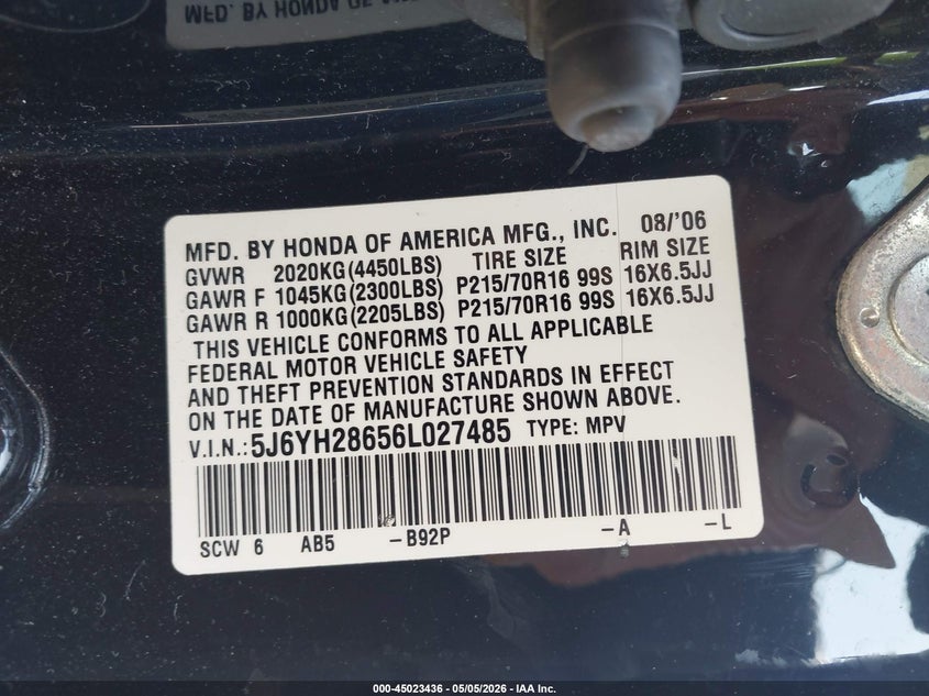 2006 Honda Element Ex VIN: 5J6YH28656L027485 Lot: 45023436