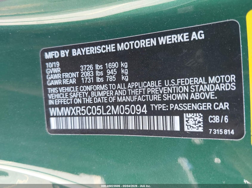 2020 Mini Hardtop Cooper S VIN: WMWXR5C05L2M05094 Lot: 45023506
