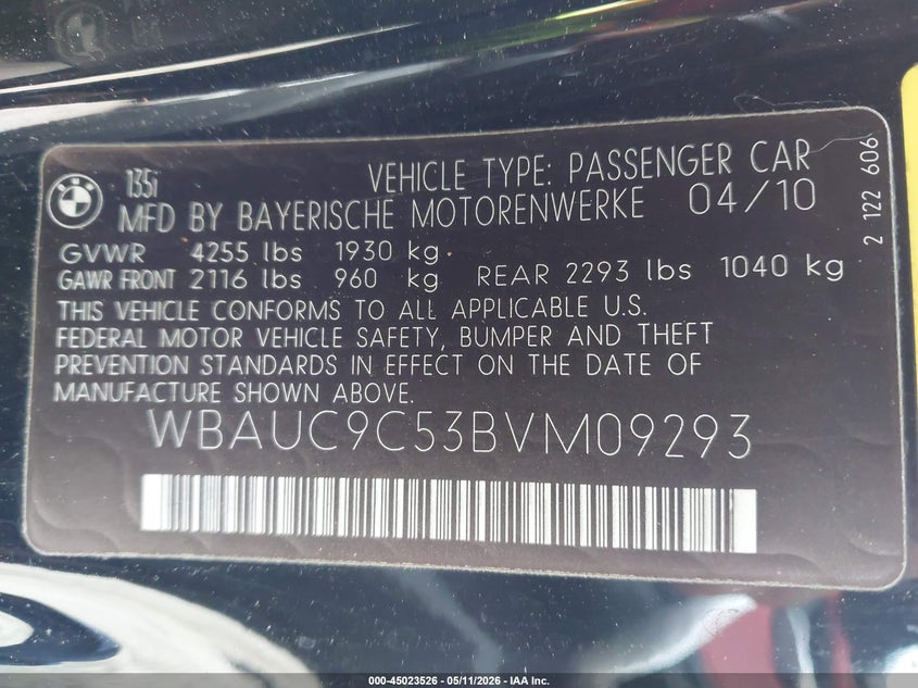 2011 BMW 135I VIN: WBAUC9C53BVM09293 Lot: 45023526