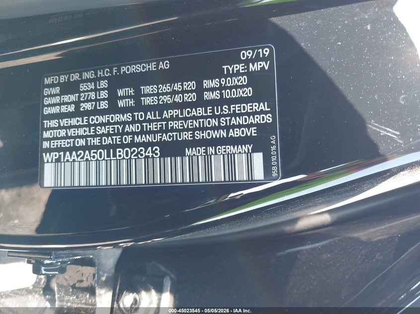 2020 Porsche Macan VIN: WP1AA2A50LLB02343 Lot: 45023545