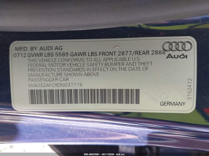 2013 Audi S7 4.0T Prestige VIN: WAU32AFC9DN037715 Lot: 45023561