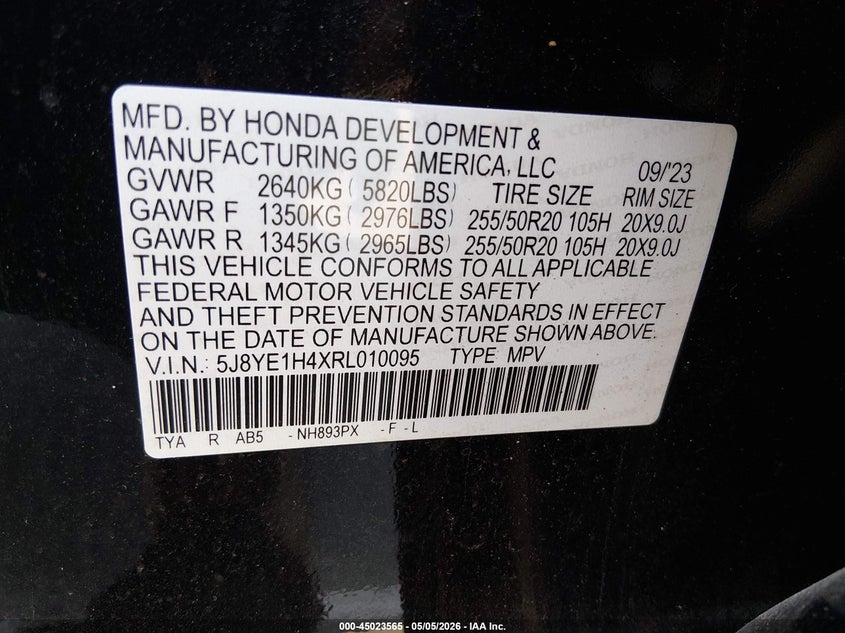 ACURA MDX 2024 VIN 5J8YE1H4XRL010095