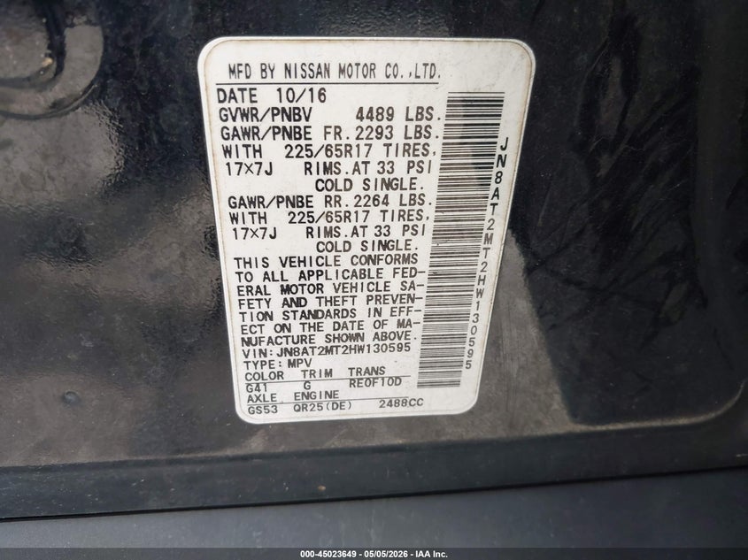 VIN JN8AT2MT2HW130595 2017 NISSAN ROGUE S