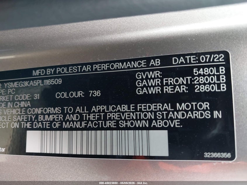 2023 Polestar 2 Long Range Single Motor/Long Range Single Motor Plus VIN: YSMEG3KA5PL116509 Lot: 45023880