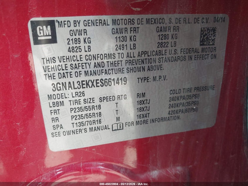 2014 Chevrolet Captiva Sport Lt VIN: 3GNAL3EKXES661419 Lot: 45023904