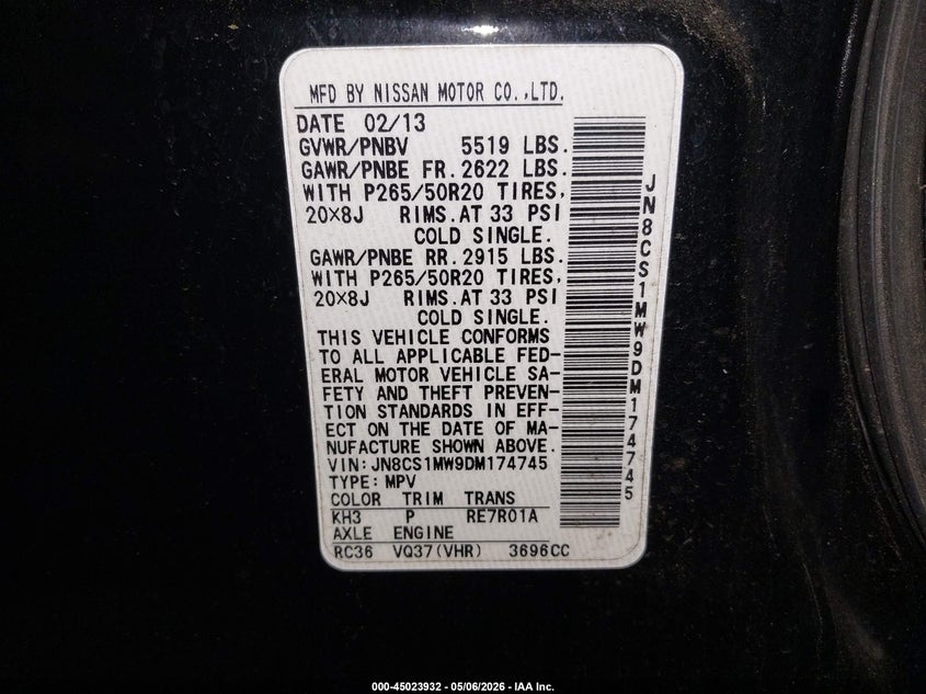 2013 Infiniti Fx37 VIN: JN8CS1MW9DM174745 Lot: 45023932