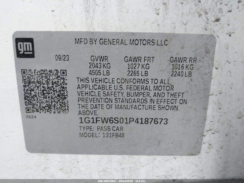 2023 Chevrolet Bolt Ev Fwd 1Lt VIN: 1G1FW6S01P4187673 Lot: 45023947