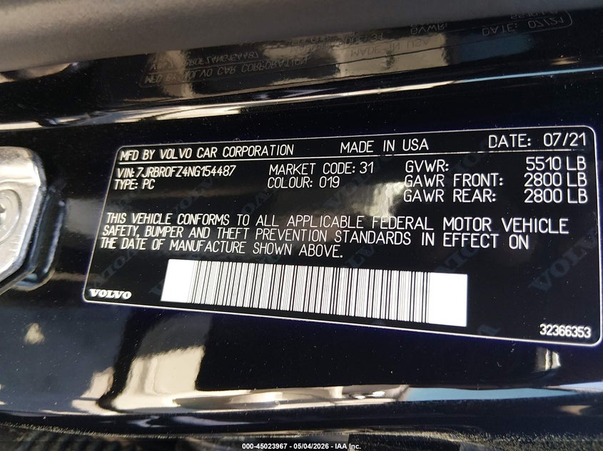 2022 Volvo S60 Recharge Plug-In Hybrid T8 R-Design Expression VIN: 7JRBR0FZ4NG154487 Lot: 45023967
