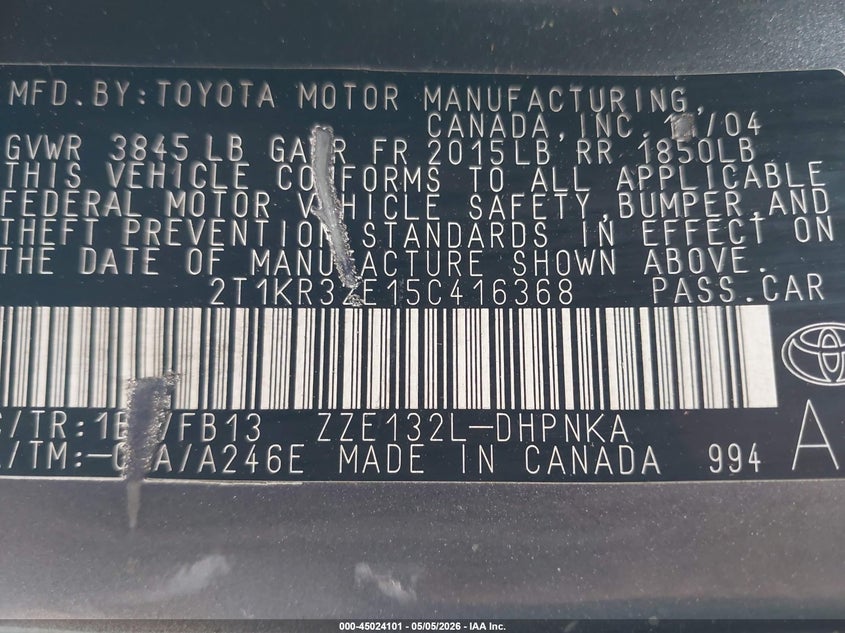 2005 Toyota Matrix Xr VIN: 2T1KR32E15C416368 Lot: 45024101