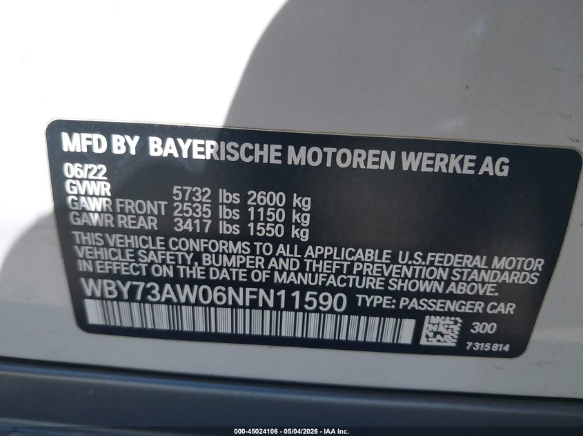 VIN WBY73AW06NFN11590 2022 BMW I4 EDRIVE40