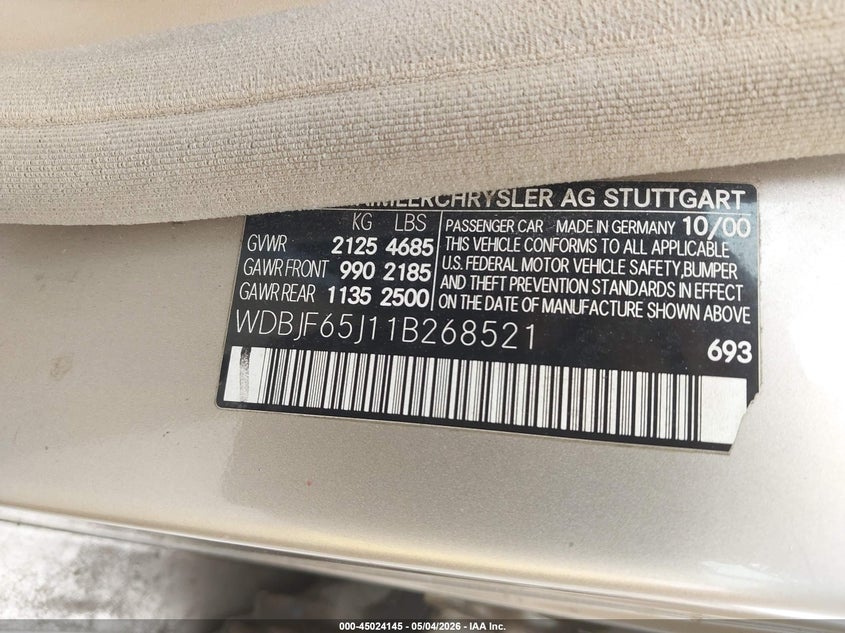 2001 Mercedes-Benz E 320 VIN: WDBJF65J11B268521 Lot: 45024145